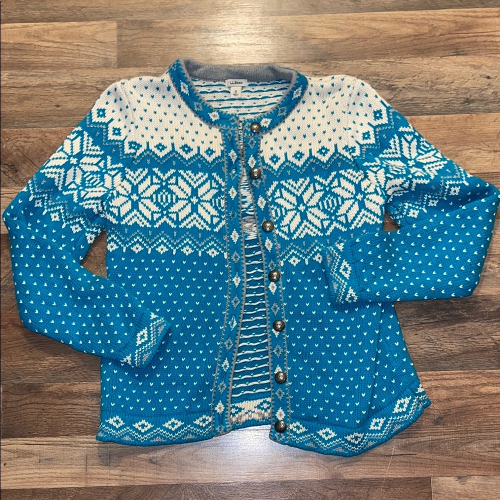 Vintage LL Bean 90s Blue and White Fair-isle Women's Sweater size Medium